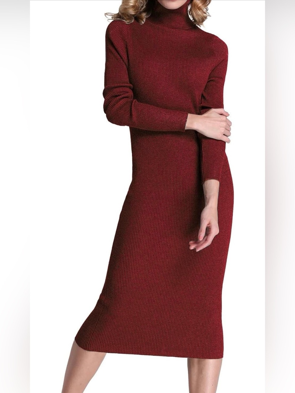 Rocorose Ribbed Turtleneck Midi Knit Long Sleeves Sweater Dress - Wine Red